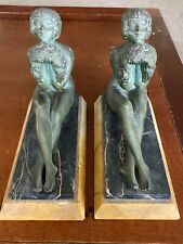 Antique French Gilded and Patinated Spelter Nude Girls Bookends on Original Base picture
