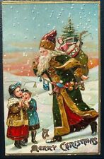 Long Green Robe Santa Claus in Snow with Children~Toys~Christmas Postcard~k207 picture