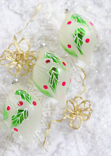 Three Frosted Glass Teardrop Holly Leaves & Berries Christmas Ornaments picture