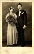 RPPC man tuxedo woman dress bouquet Prom? Wedding? Real photo 1924-1949 picture