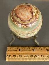 VINTAGE EARTHTONE POLISHED ROUND MARBLED STONE W/ SOLID BRASS FOOTED STAND BASE picture