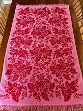 Vintage Callaway Bath Towel Red Pink Roses 1960s 1970s 40.5 x 2” Sculpted Fringe picture