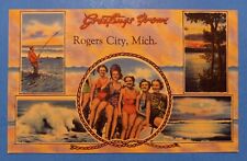 Linen Postcard MI Rogers City, MI GREETINGS ~ Beach Scene Pretty Girls Fishing picture