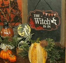 Prim Antique Vtg Style Spooky Flying Witch on Broom Stick Halloween Scary Sign picture