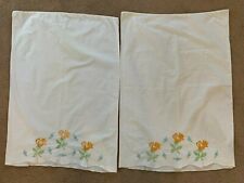 Vintage Pair Pillowcases Embroidered Flowers, Scalloped  Edge  picture