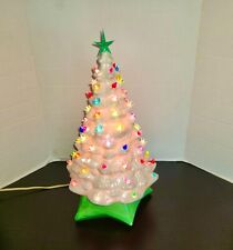 Vintage White Ceramic Christmas Tree With Green Lighted Base & Plastic Ornaments picture