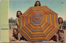 c1940s Pretty Lady / Bathing Beauty LINEN Postcard 5 Girls / Beach Umbrella picture