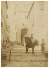 France, Villefranche-sur-Mer, Rue de l'Eglise, children, woman and donkey vintage picture