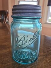 Antique Ball Perfect Mason Jar Blue Aqua Glass Pint size with Zinc Ball Lid #6 picture