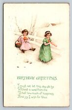 Little Girls Gathering Flowers in Field Birthday Greetings Vintage Postcard 1061 picture