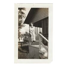 Vintage Snapshot Photo Pretty Woman Sitting On Railing Of Porch 1930s Photograph picture