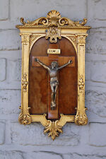 Antique French religious wood bronze wall plaque crucifix rare picture