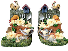 Vtg Gardening HEAVY Resin Pair Bookends Beautiful, Chicken/Flowers/birdhouse/  picture