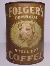 Rare 1910s OLD VINTAGE COMRADE FOLGERS COFFEE TIN DOG GRAPHIC TALL 1 POUND CAN picture
