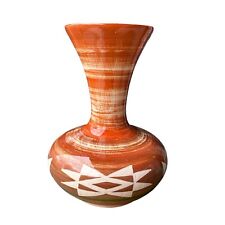 Vintage Native American Sioux Pottery Vase Glazed Orange White Signed 9.25