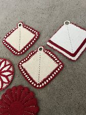 VINTAGE HAND CROCHETED POTHOLDER HOT PAD RED WHITE LOT OF 5 picture