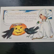 Whitney Halloween Antique Postcard, Authentic Little Witch~Crows~Jack-o-lantern picture