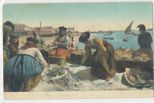 Women sorting fish by the shore - Sailboats - postcard picture