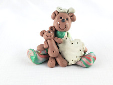 Vintage Handmade Mama Bear and Baby Bear W Heart Polymer Clay Christmas Ornament picture