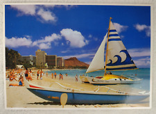 VTG 70s Postcard Waikiki Beach Honolulu Hawaii Sailboat Impact Photo Art picture