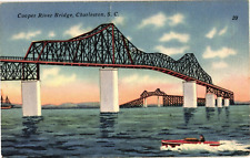Cooper River Bridge Charleston SC Linen Unposted Postcard 1930s picture