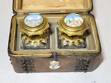 Antique French Grand Tour Hand Painted Perfume Bottles Leather Trunk Caddy Case picture