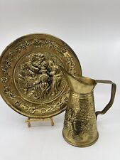 VTG  Brass Repousse Hammered Metal Pitcher & Wall Art Tray Plate English Pub picture