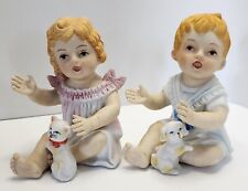 2 Vintage Royal Crown Bisque Porcelain Figures Piano Babies Children Dog Cat  picture