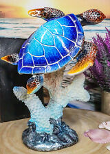 Nautical Ocean Blue Giant Sea Turtle Swimming By White Corals Figurine 8.75