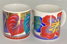 2 VTG Laurel Burch Tropical Coffee Mugs Wild Hibiscus & Anthurium Colorful JAPAN picture