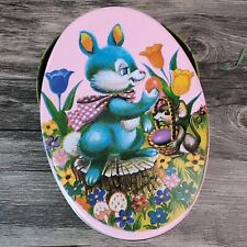 Vintage Easter Tin Easter Bunny Oval Tin Trinket Candy Container Colorful Handle picture