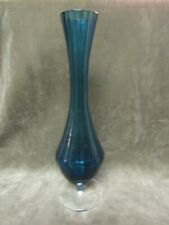 1970's Mid Century Modern Empoli Glass Italy Teal Peacock Blue Tall Ribbed Vase picture