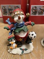 Snowman & Little Penguin Playing Soccer Heavy Resin Christmas Vintage New picture