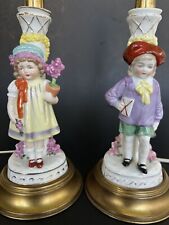 Pair (2) Antique Vtg Hand Paint Boy Girl Children hydrangea figural Table Lamp picture