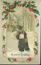 VINTAGE Christmas Postcard Embossed Boy delivering package in snow PCARD41 picture
