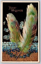 Greetings~Blue Flowers Green Feather & Best Wishes~Vintage Postcard picture