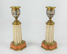 Antique French Enamel Champleve Bronze Porcelain and Marble Candlesticks picture