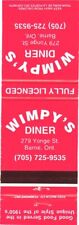 Barrie Ontario Canada Wimpy's Diner Good Food Vintage Matchbook Cover picture