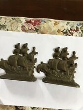 VINTAGE 1920s ANTIQUE BRASS CAST METAL HEAVY PIRATE CLIPPER SHIPS BOOK ENDS PAIR picture