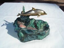 SIGNED BRONZE DOLPHIN PORPOISE SCULPTURE WITH SEA FOLIAGE PAPERWEIGHT picture