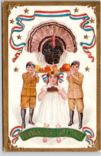 1910 THANKSGIVING PC Turkey and Fixins Carried by Two Boys  Chocolates by Girl picture