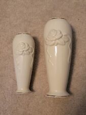 TWO Lenox Bud Vases Embossed Roses 24K Gold Trim Ivory Vintage picture