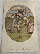 Vintage Italian Easter Postcard Children With Lamb Sheep Antique Italy picture