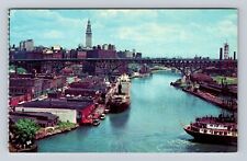 Cleveland OH-Ohio, Entrance to Cuyahoga River, Antique Vintage Souvenir Postcard picture
