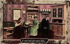 Vintage Postcard- A WATCHED POT NEVER BOILS, PEOPLE IN A KITCHEN Posted 1910 picture