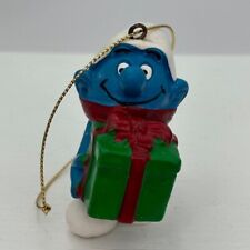 Smurf Holding Green Gift Christmas Present Holiday Ornament Schleich Peyo PVC picture