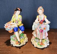 Pair of Antique Sitzendorf Couple Porcelain Figurines with Applied Flowers c1920 picture