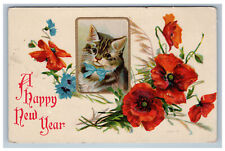 A Happy New Year Cat Kitten Postcard Flowers Embossed  picture