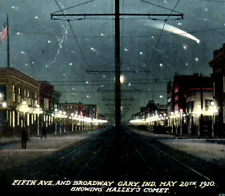 1910 Halley's Comet Over Gary Indiana Broadway Night View Postcard Moon Stars picture