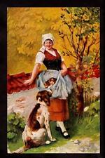 c.1905 german american novelty mother setter dog watches woman puppies postcard picture